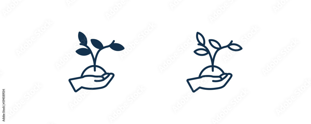 Fototapeta premium plant on a hand icon. Outline and filled plant on a hand, hand icon from ecology collection. Line and glyph vector isolated on white background. Editable plant on a hand symbol.
