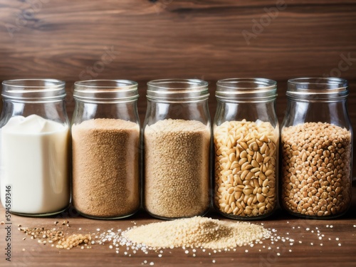 Assortment of uncooked grains, cereals and pasta in glass jars on wooden table. Healthy cooking, clean eating, zero waste concept. Balanced dieting food.