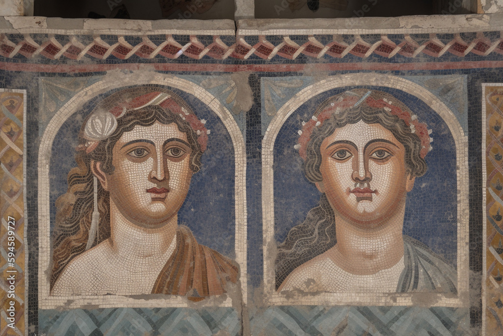 Two persons on ancient Roman mosaic, roman art and architecture, ai generative