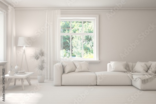 Modern interior concept with sofa and summer landscape in window. 3D illustration