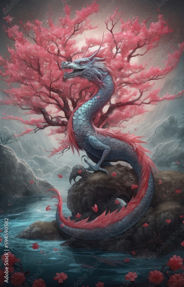 A white dragon is sitting in front of a pink blossom tree Generative Ai