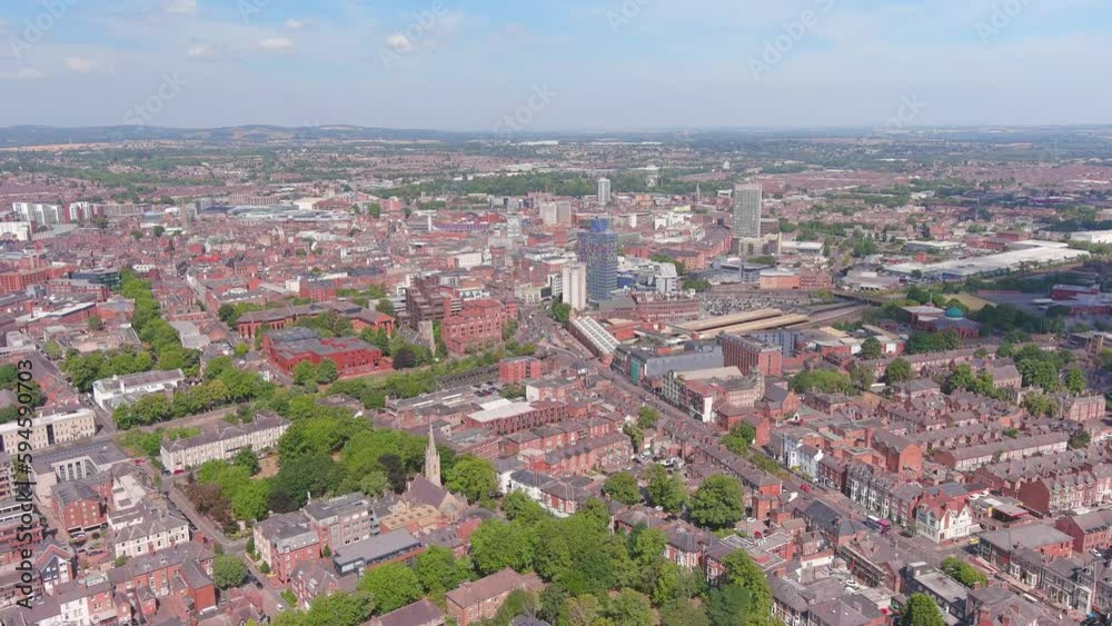 Leicester, UK: Aerial view of famous historic city in England in summer - landscape panorama of United Kingdom from above Leicester, UK: Aerial view of famous historic city in England in summer - landscape panorama of United Kingdom from above