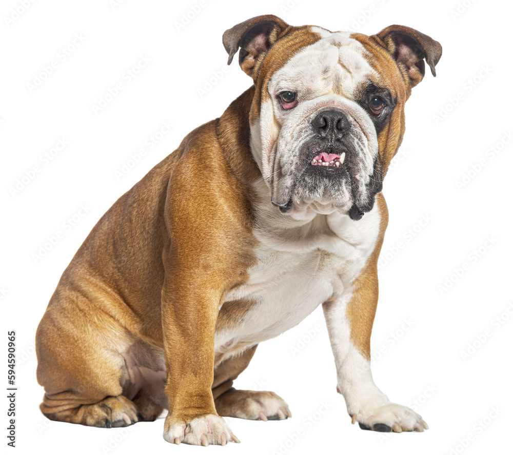 Sitting English Bulldog looking at the camera, isolated on white
