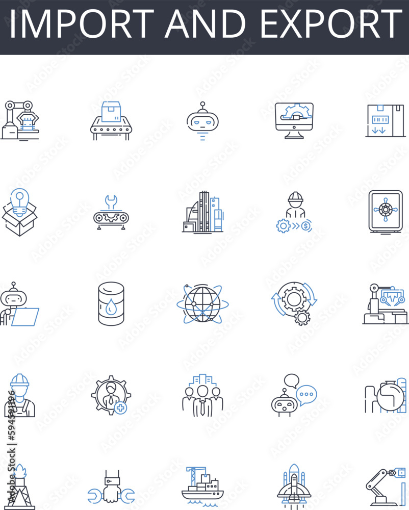 Import and export line icons collection. Trade, Commerce, Transaction, Shipping, Shipment, Consignment, Consign vector and linear illustration. Consignee,Consignor,Consignment note outline signs set Import and export line icons collection. Trade, Commerce, Transaction, Shipping, Shipment, Consignment, Consign vector and linear illustration. Consignee,Consignor,Consignment note outline signs set