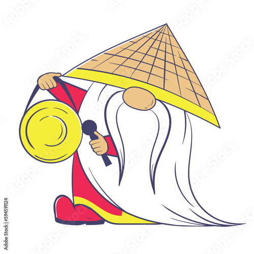 Chinese dwarf in a traditional hat beats the gong