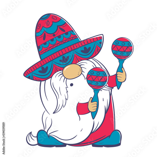 Mexican gnome in a traditional hat plays maracas