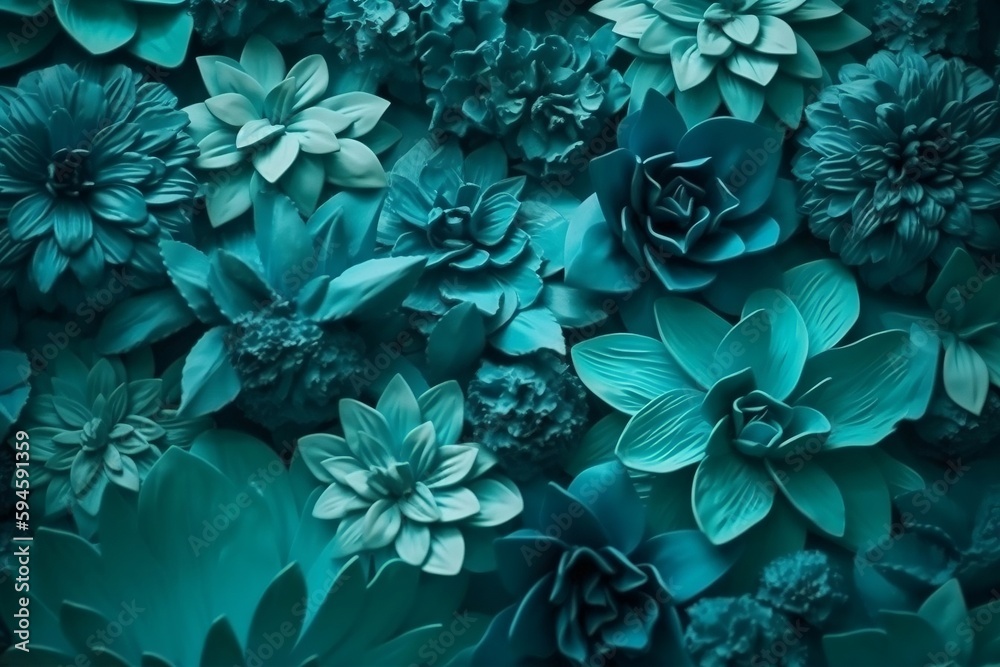 wall of bright turquoise flowers background. generative AI wall of bright turquoise flowers background. generative AI