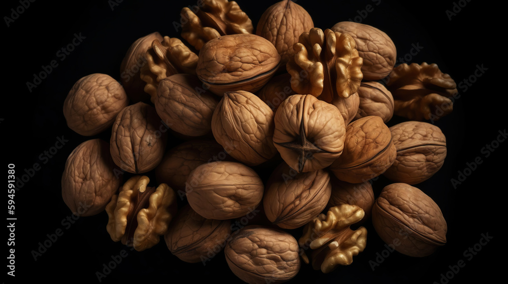 Walnuts with and without shells filling the view on dark background. Top view of fresh walnuts. Generative AI Walnuts with and without shells filling the view on dark background. Top view of fresh walnuts. Generative AI