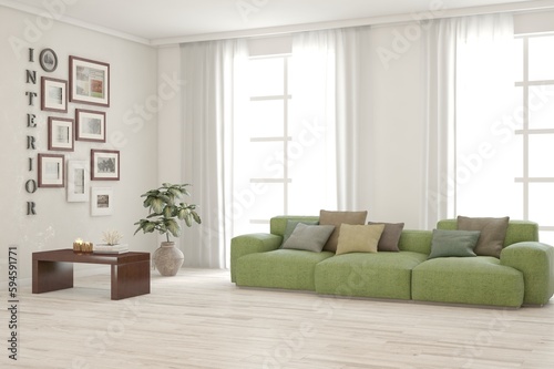 White living room with sofa. Scandinavian interior design. 3D illustration