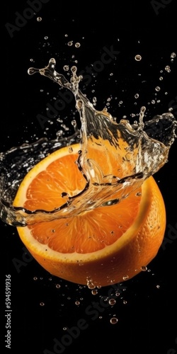 Fresh orange falling into water with splash on black background, close up. generative AI