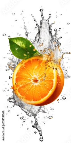 Fresh orange and leaf with water splash isolated on white background. generative Ai