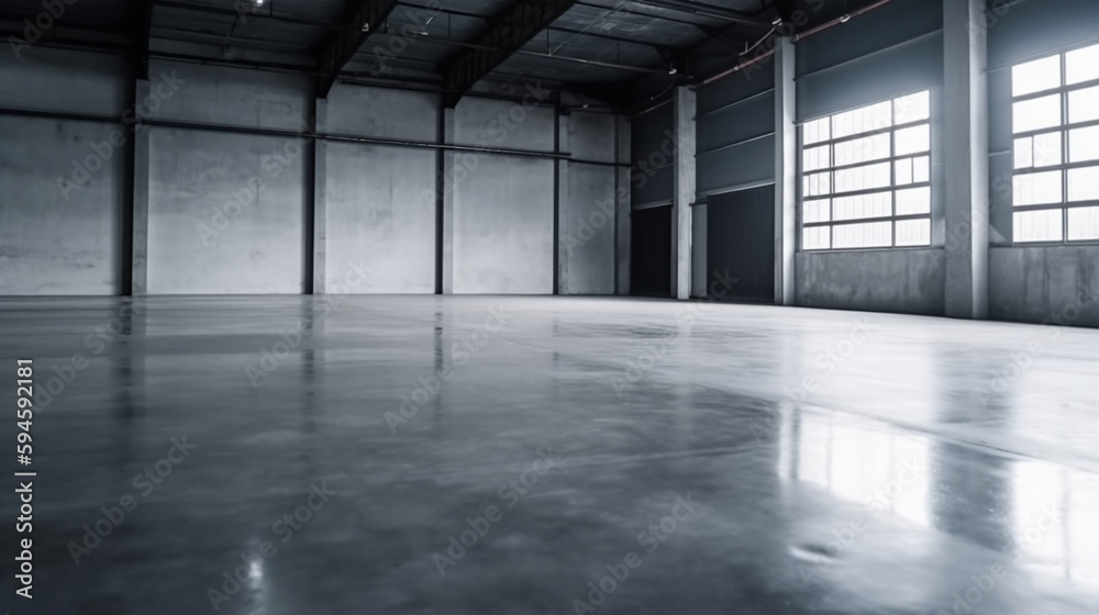  empty industrial room in dark daylight with windows wide open, viewed from the concrete floor