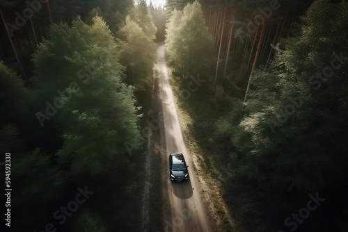 EV car on road through the forest. high angle shot. generative ai