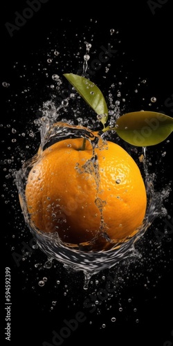 Fresh orange with water splash isolated on black background. Studio shot. generative AI