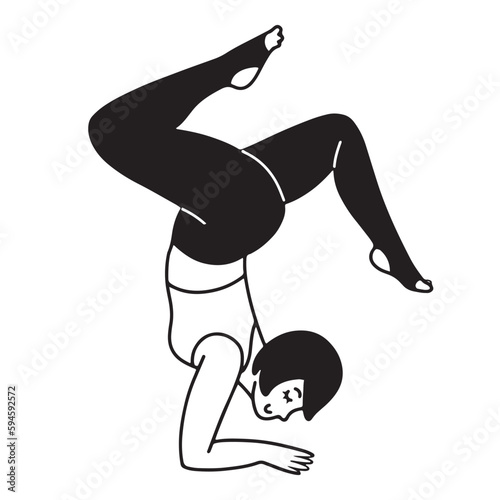 Hand drawn cartoon doodle style woman doing a hand stand pose isolated vector illustration in contour line design