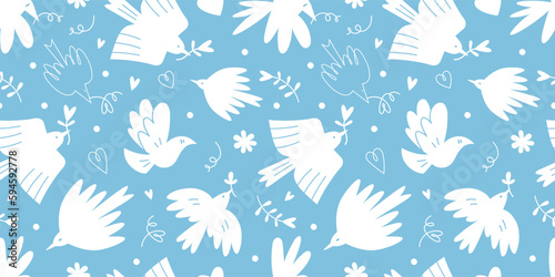 Seamless pattern with cute white birds and hearts on a blue background, cartoon style. Dove of peace, no war and freedom concept. Trendy modern vector illustration, hand drawn, flat