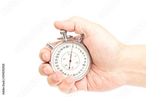 stopwatch in hand isolated on white background.