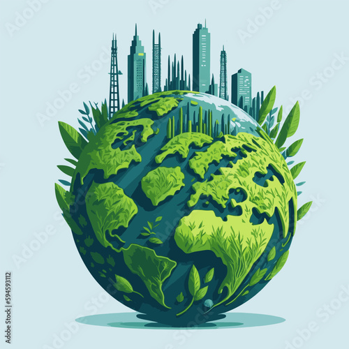 Illustration of an eco city on the globe. The concept of nature protection. Eco city on earth. Eco city vector illustration.