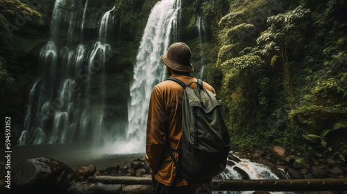 A man, a traveler looks at a waterfall in the jungle Generative AI