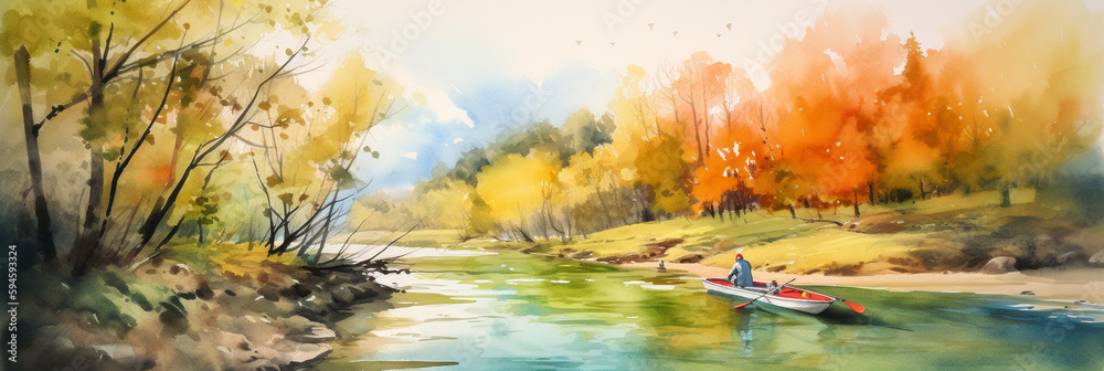 Watercolor illustration of a kayak peacefully navigating a wild and natural river Generative AI