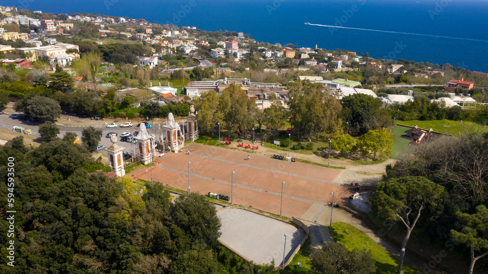 Aerial view of the entrance of Virgiliano park, also called Park of Remembrance, a scenic park located on the hill of Posillipo, Naples, Italy. From the promontory there's a view of the Gulf of Naples