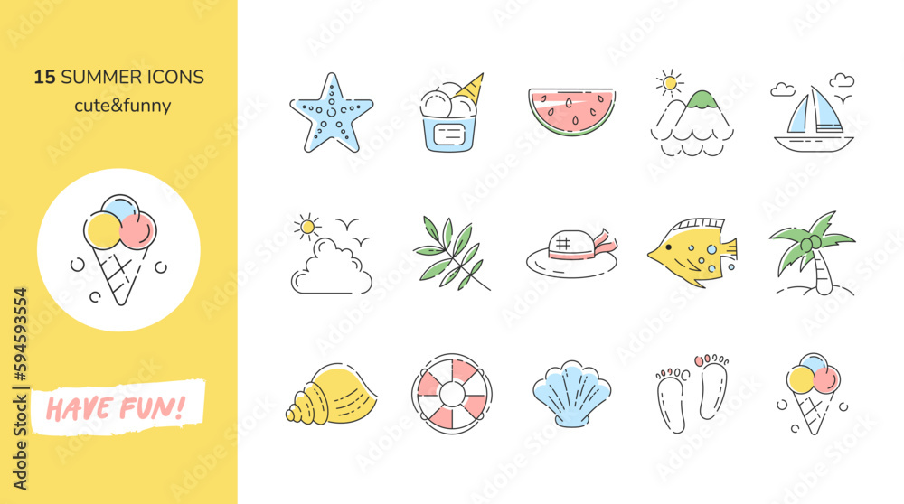 Summer time beach icons set. Vector isolated symbols. Pixel perfect, editable. 