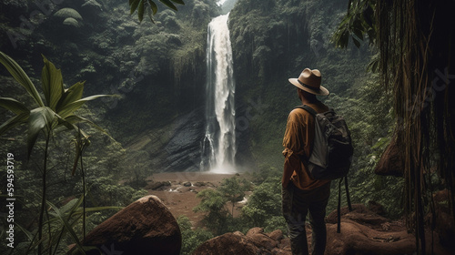 Adventure, A man, a traveler looks at a waterfall in the jungle.