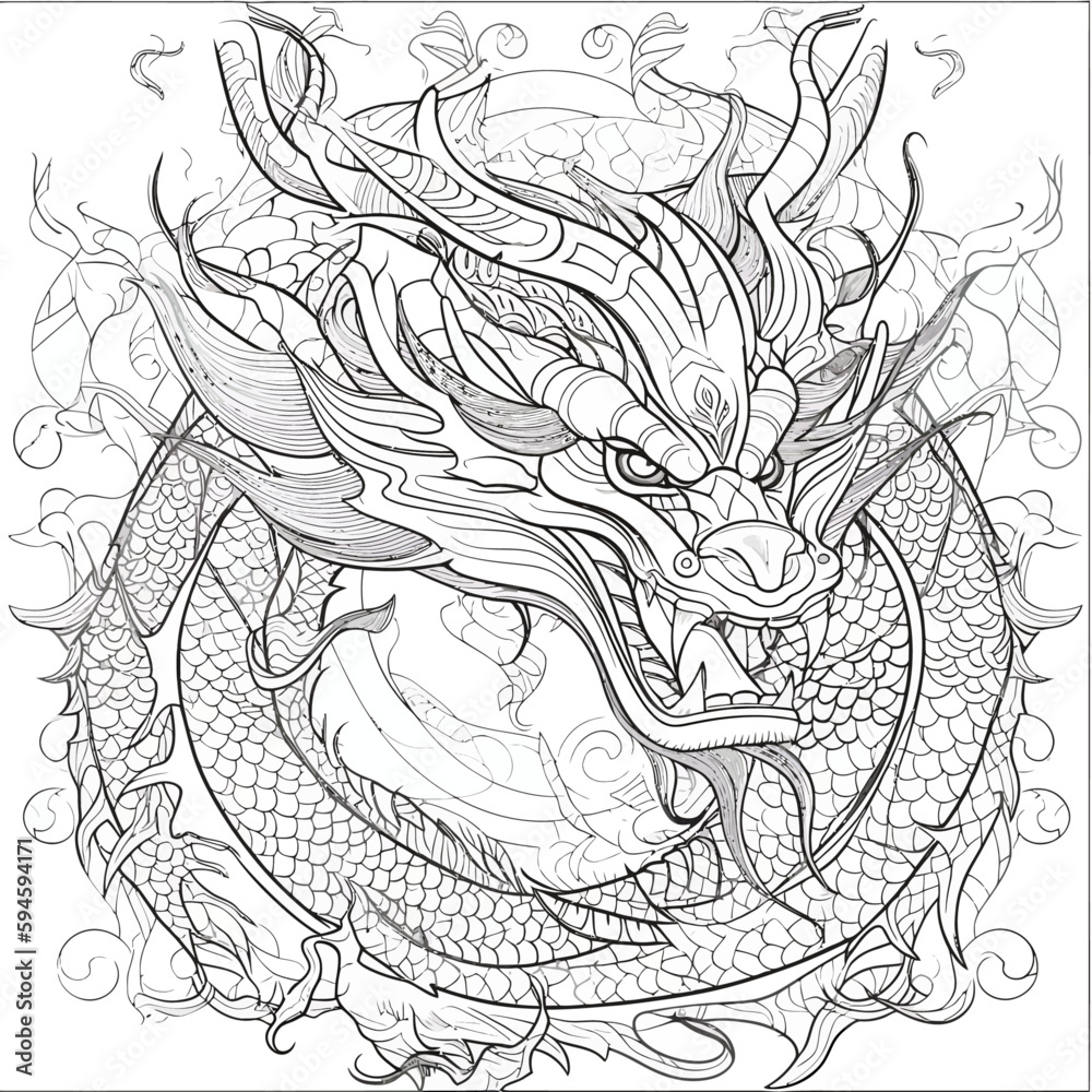 Chinese Dragon black and white drawing design 2d illustration. Traditional mystical creature vector coloring page Chinese Dragon black and white drawing design 2d illustration. Traditional mystical creature vector coloring page