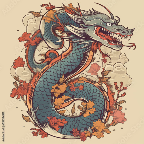 Chinese Dragon tattoo design 2d illustration. Traditional mystical creature vector
