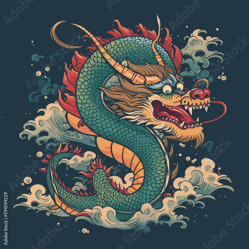 Chinese Dragon tattoo design 2d illustration. Traditional mystical creature vector