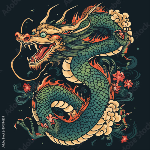 Chinese Dragon tattoo design 2d illustration. Traditional mystical creature vector