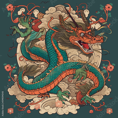 Chinese Dragon tattoo design 2d illustration. Traditional mystical creature vector