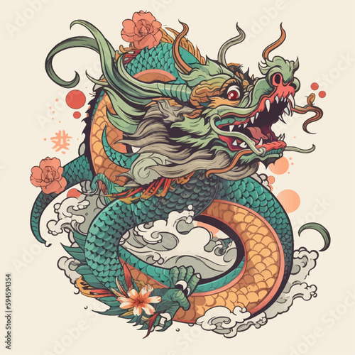 Chinese Dragon tattoo design 2d illustration. Traditional mystical creature vector © Galina