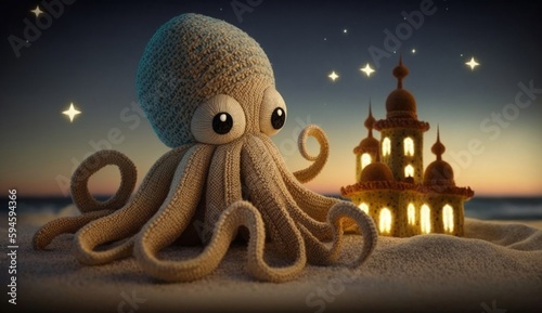 A cute octopus in a shell on a night sandy sea beach, a knitted toy made of expensive dark textile. Character for children's stories and fairy tales. Created with AI.