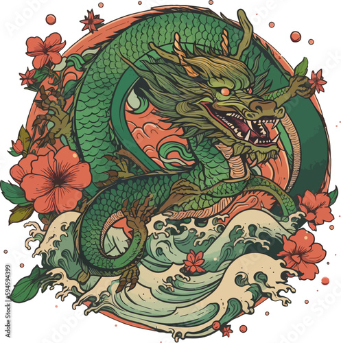 Chinese Dragon tattoo design 2d illustration. Traditional mystical creature vector