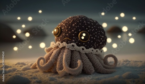 A cute octopus in a shell on a night sandy sea beach, a knitted toy made of expensive dark textile. Character for children's stories and fairy tales. Created with AI. © Ренат Хисматулин