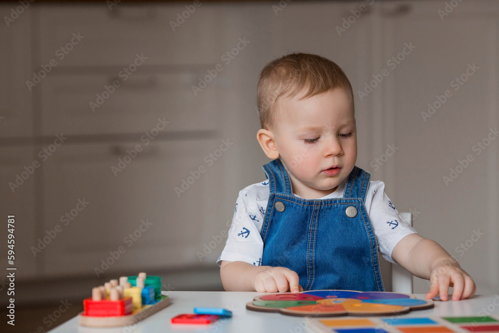 A little boy is playing educational logic games. Children's wooden toys. Sorter. Montessori for child development. A little boy is playing educational logic games. Children's wooden toys. Sorter. Montessori for child development.