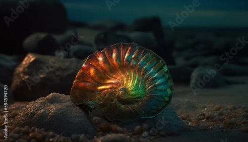 An ancient find on the night coast of the ocean, an ammonite shell from ammolite thrown onto a sandy beach. Created in AI.
