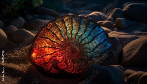 An ancient find on the night coast of the ocean, an ammonite shell from ammolite thrown onto a sandy beach. Created in AI. photo