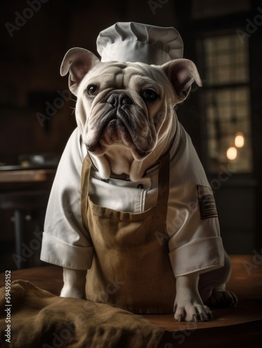 Gorgeous thoroughbred dog bulldog in the image of a chef. Prepares food in the kitchen in a homely atmosphere. Created with AI.