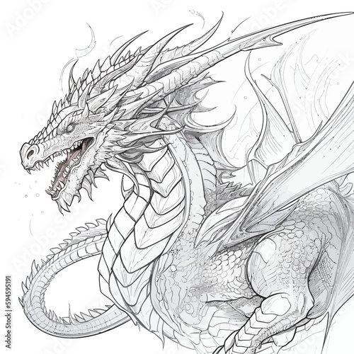 Chinese Dragon black and white drawing design 2d illustration. Traditional mystical creature vector coloring page