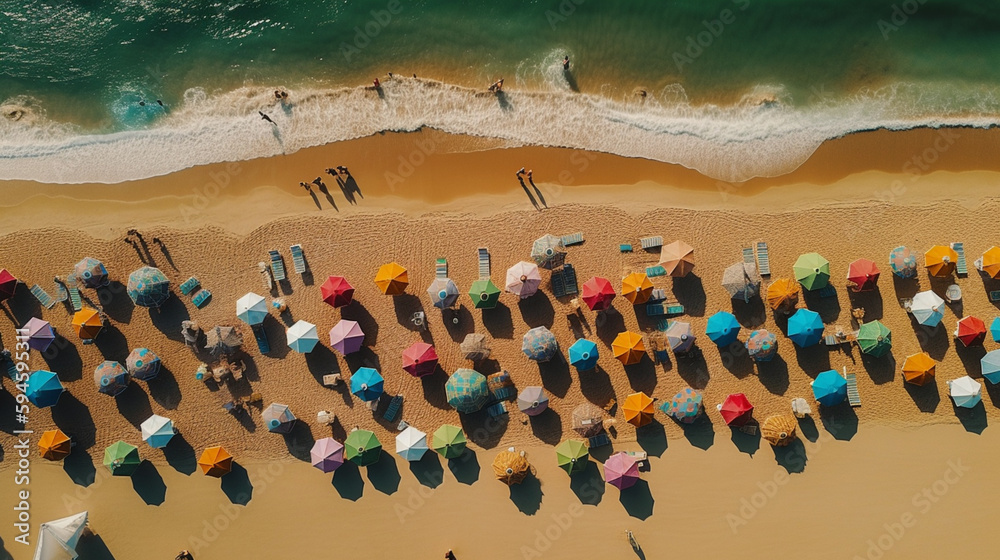 Travel, Beautiful top down aerial view to beach umbrellas