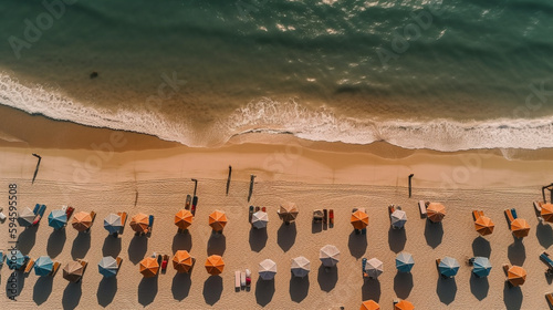 Travel, Beautiful top down aerial view to beach umbrellas