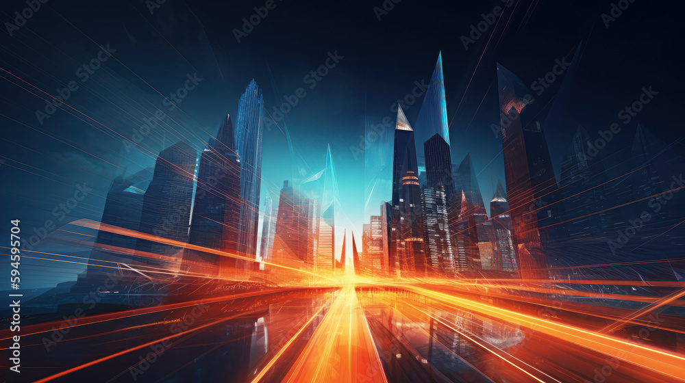 Futuristic skyscraper and road transportation technology with digital data transfer. High speed light trail of cars. Internet of things. generative AI.