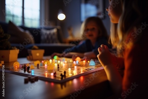 Two Girls Playing A Game Of Chess In A Living Room At Night Aquarium Advertising Photography Smart Homes Generative AI