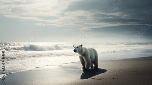 Climate change concept. polar bear in beach on summer day.