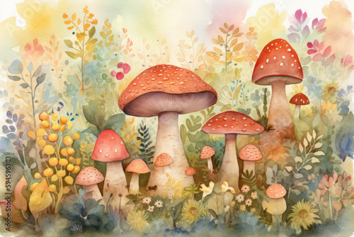 Create a colorful and playful watercolor scene of a group of happy mushrooms and flowers in a lush and vibrant forest
