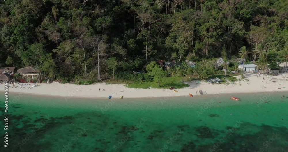 Drone video of the paradisiacal Seven Commandos beach near El Nido on the Philippine island of Palawan
