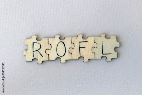 The acronym ROFL, which stands for Rolling On the Floor Laughing. The letters written on the puzzles.