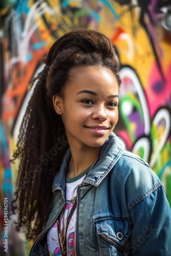 A young black female graffiti artist standing proudly in front of a vibrant and colorful wall that displays her street art, with a sense of self-realization. Created with generative A.I. technology.